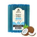 Pack of blue Honey Sticks with coconut flavor packaging on a white background