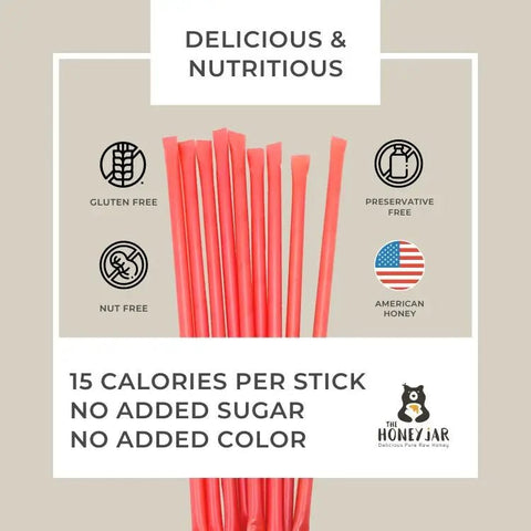 Pink honey sticks with health benefits and branding on a beige background