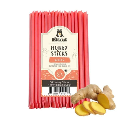 Pack of Honey Sticks with ginger flavor on a white background