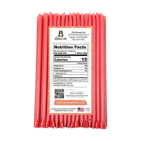 Pack of honey sticks with a nutrition facts label on a white background