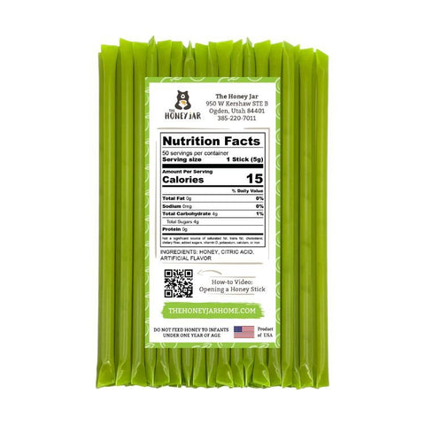 Green honey sticks with a nutrition label on a white background