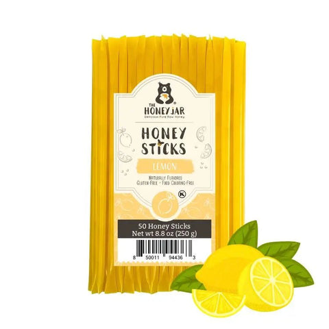 Pack of Honey Sticks with lemon flavor on a white background