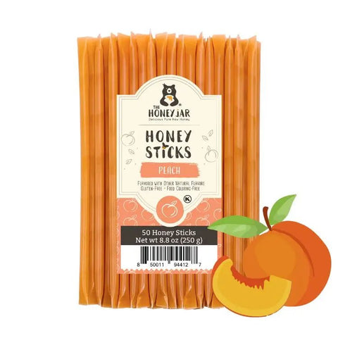 Pack of Honey Sticks with peach flavor packaging on a white background