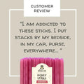 Pink honey sticks with a label on a beige background, featuring a customer review quote.