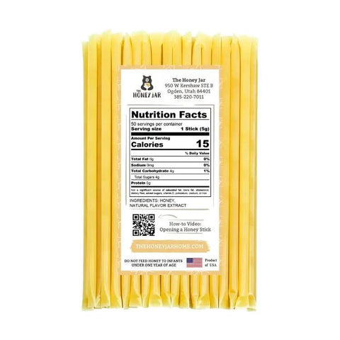 Pack of honey sticks with a nutrition facts label on a white background