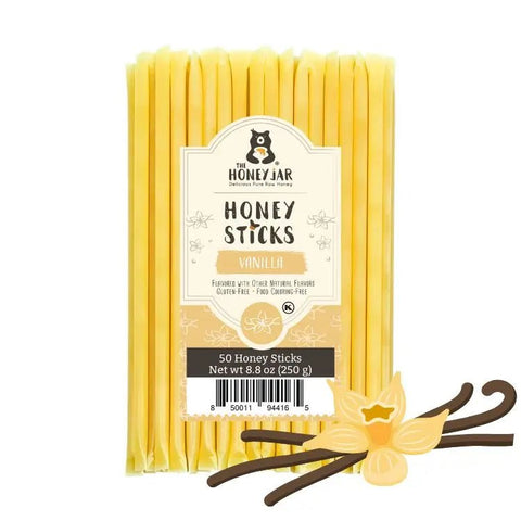Pack of honey sticks with vanilla flavor packaging on a white background