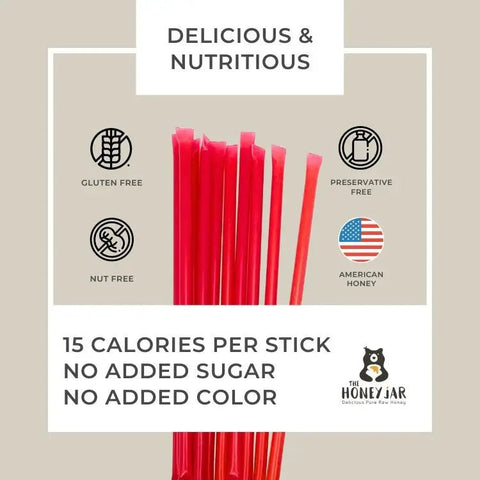 Red honey sticks with health benefits and branding on a beige background