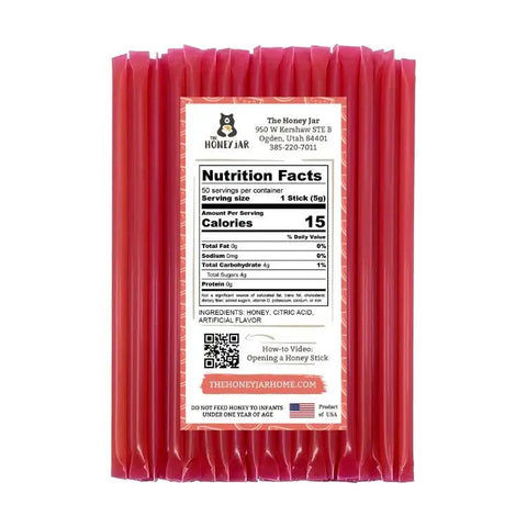 Red honey sticks packaging with a nutrition facts label on a white background