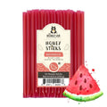Pack of Honey Sticks with watermelon flavor packaging and a slice of watermelon on a white background.