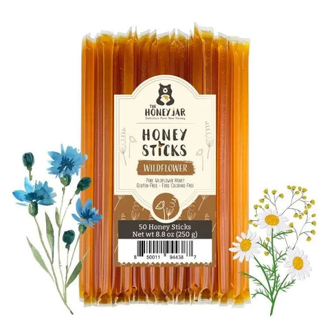 Pack of Honey Sticks with 'The Honey Jar' label on a white background with floral illustrations.