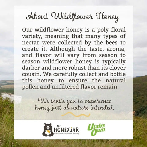 Text about wildflower honey with a scenic background