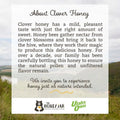 Text about clover honey with a scenic background