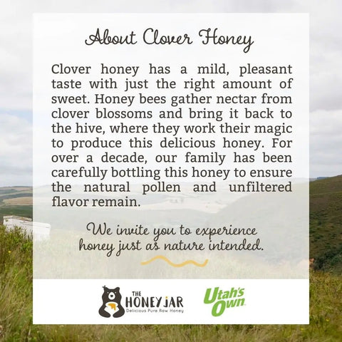 Text about clover honey with a scenic background