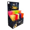Display of colorful honey sticks in a branded packaging box.