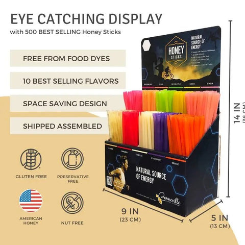 Display of Honey Sticks with packaging and product details on a beige background