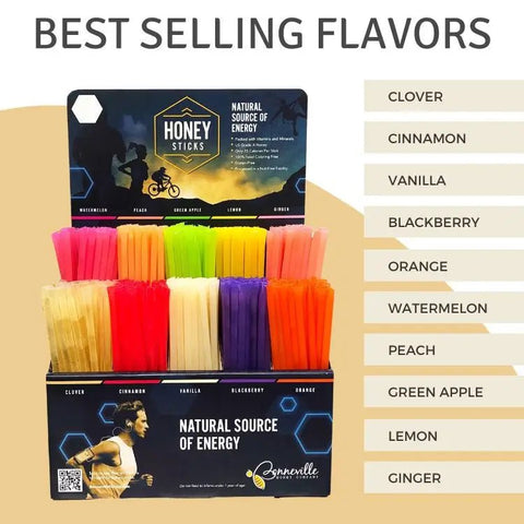 Honey Sticks packaging with colorful sticks and flavor list on a beige background