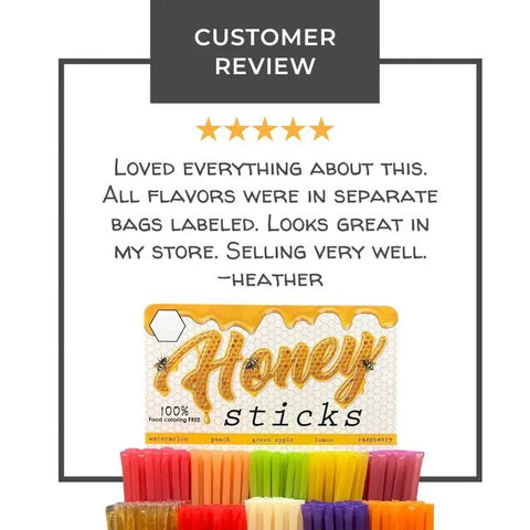  Colorful honey sticks below a customer review on white background