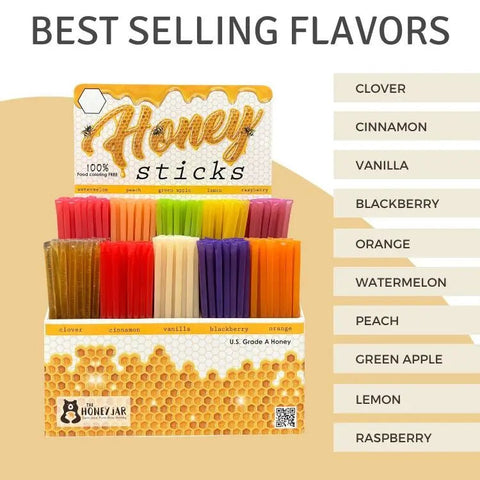 Display of Honey Sticks with various flavors on a beige background